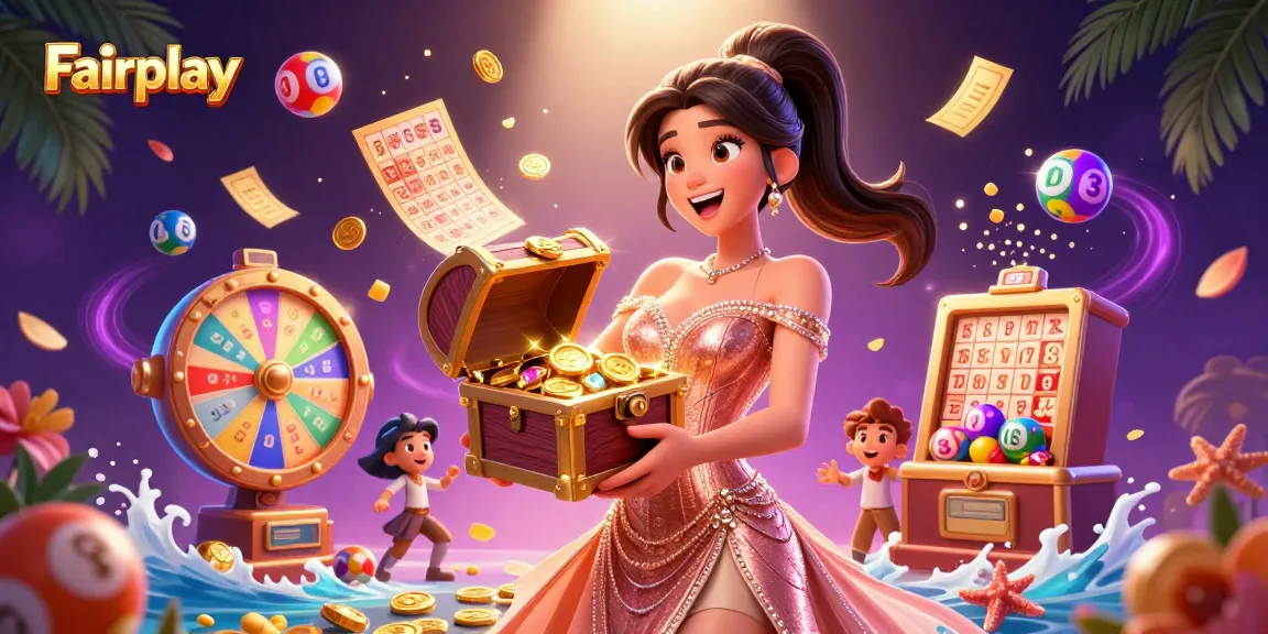 Engage in Fairplay gambling with vibrant lottery elements, treasure chest overflowing, and immersive details.