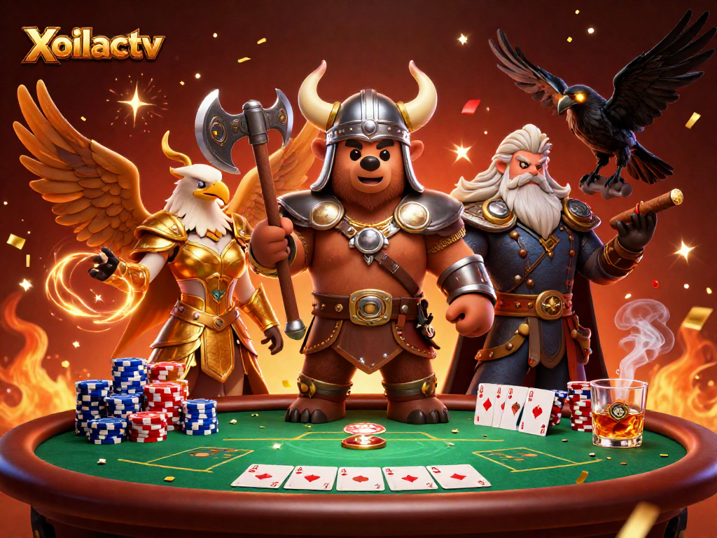 Xoilactv showcases a Viking bear, Valkyrie eagle, and poker elements in an epic casino scene.