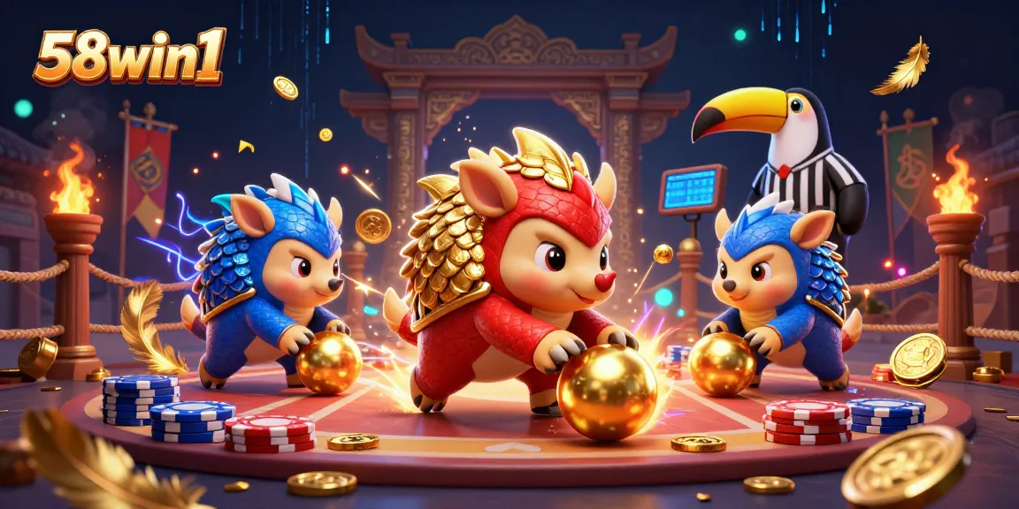 Engage in thrilling gameplay with the 58win1 pangolin characters battling through poker chips and gold coins.