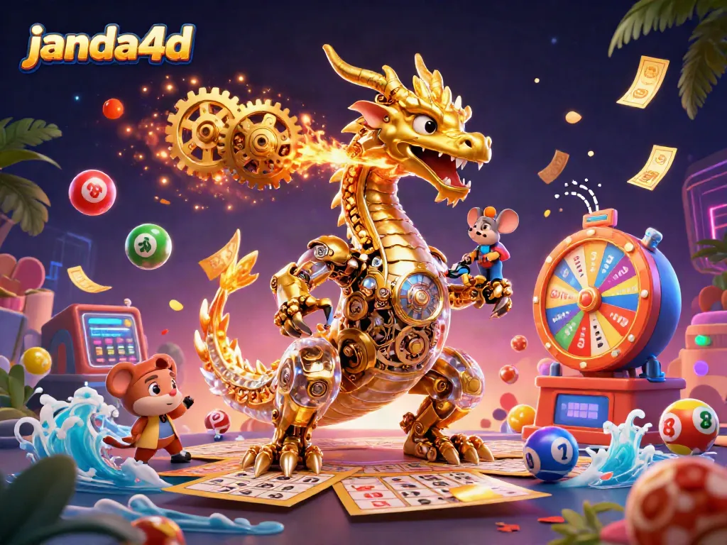 Permainan slot di janda4d menampilkan naga emas berteknologi tinggi, bola lotere, dan efek khusus yang menarik.