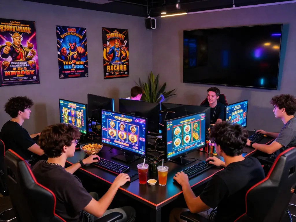 Friends enjoying a ทดลองสล็อต gaming night in a lively lounge atmosphere, vibrant lights and games.
