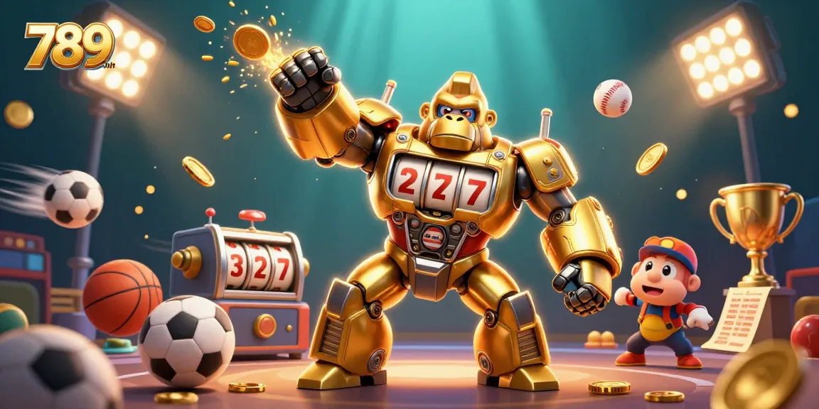 Experience epic wins with 789win as the golden gorilla mech explodes with coins, showcasing dynamic sports action.