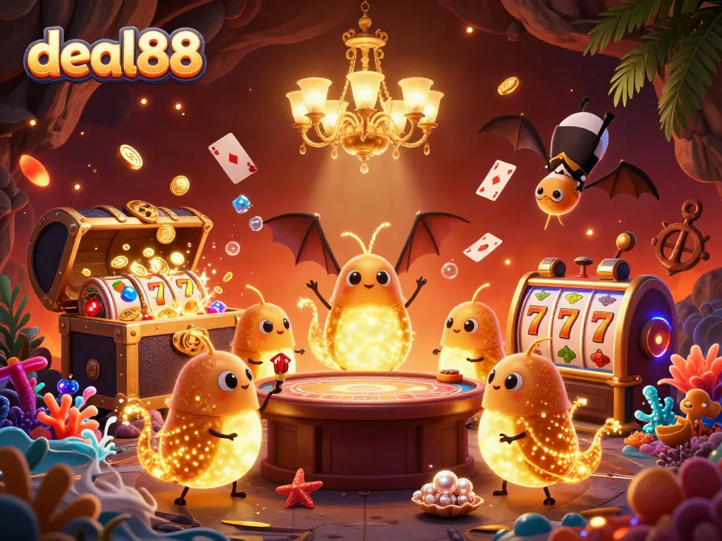 Experience the excitement of deal88 with glowing casino action led by luminescent glowworms in a vibrant cave setting.