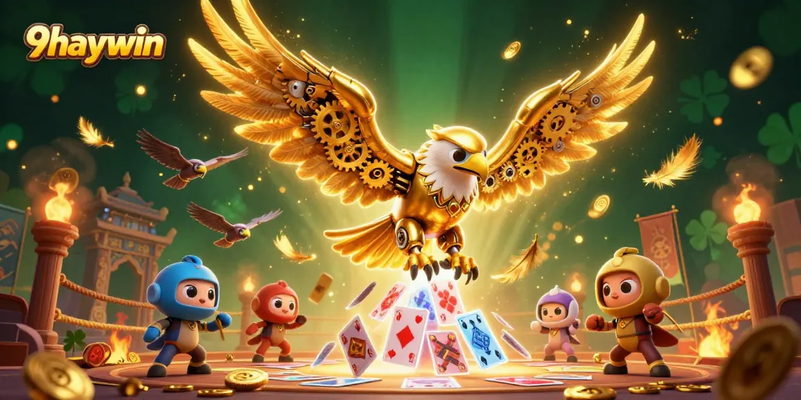 Engage with the thrilling experience of 9haywin through a vibrant 3D illustration of a golden eagle soaring amid holographic cards and dynamic casino elements.