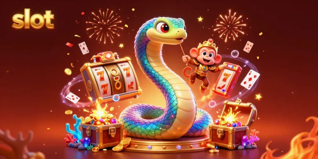 Experience excitement with vibrant slot game imagery featuring a rainbow serpent and monkey king.