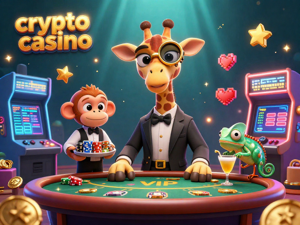 Experience a vibrant crypto casino scene with a high-roller giraffe and playful characters.