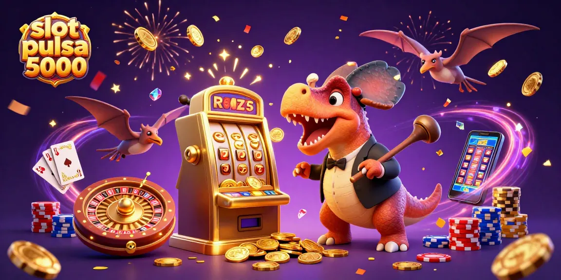 Slot pulsa 5000 menampilkan dinosaurus bermain mesin slot di kasino yang ramai, menarik perhatian dengan grafis cerah.