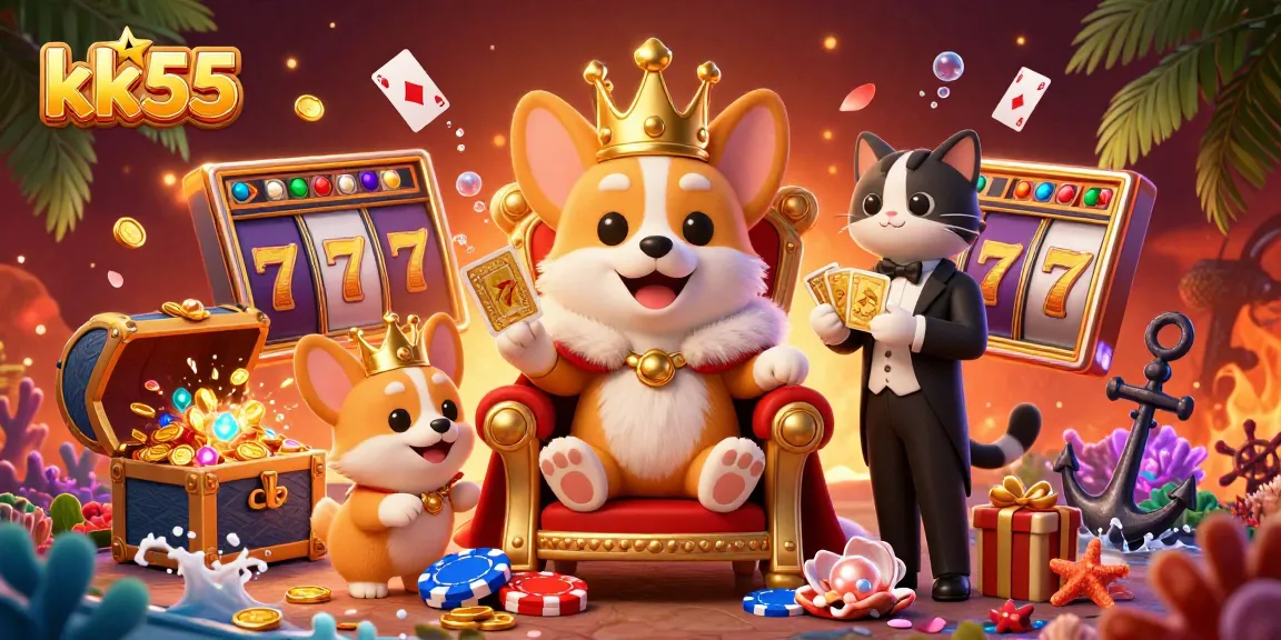 Engage with the captivating kk55 casino scene featuring a royal corgi and vibrant slot elements.