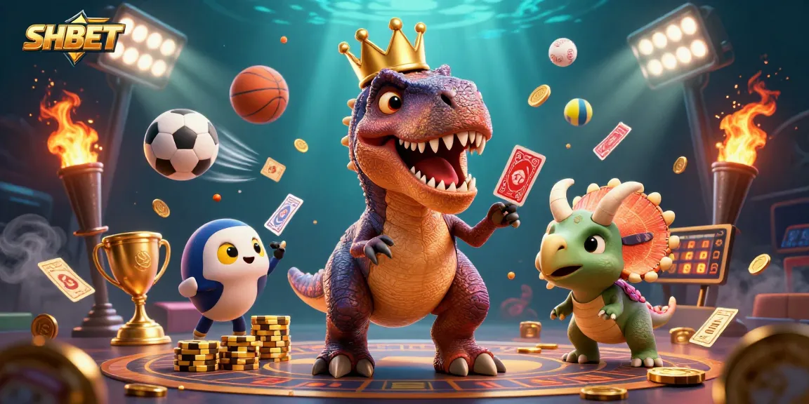Engage with SHBET through an exciting scene of strategy with playful dinosaur characters and dynamic sports elements.