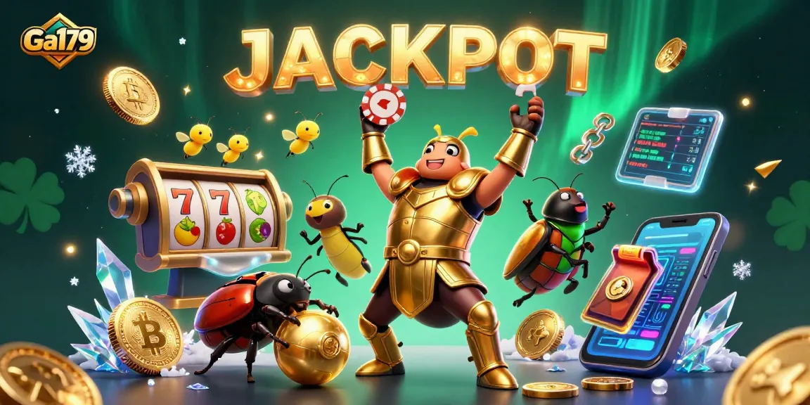 Engage with Ga179 jackpot scene featuring a victorious beetle in a vibrant casino setting.