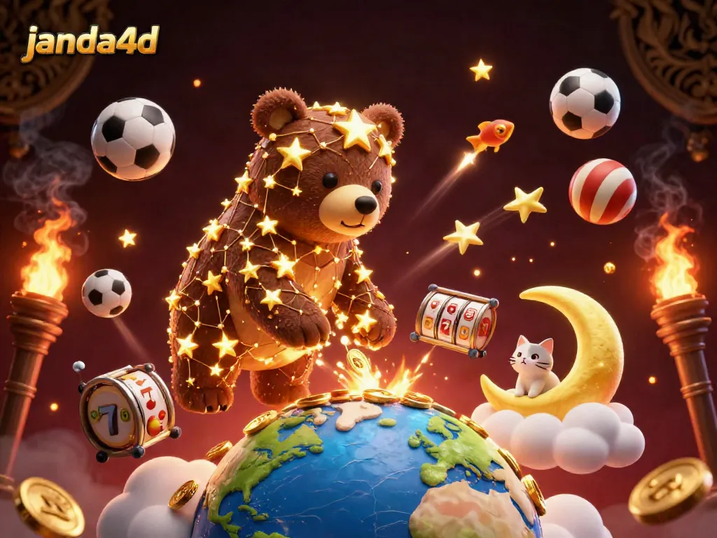 Mendapatkan kemenangan besar di janda4d dengan bintang berkonstelasi bear dan simbol jackpot yang berkilau.