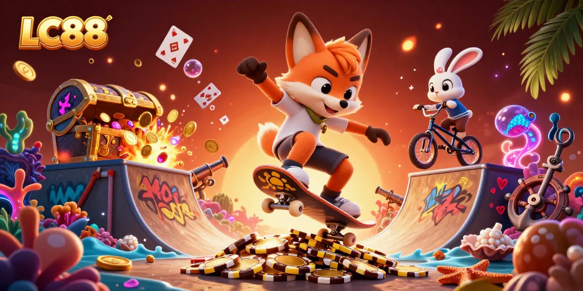 Win big at LC88 with a vibrant 3D casino scene featuring dynamic characters and striking game elements.
