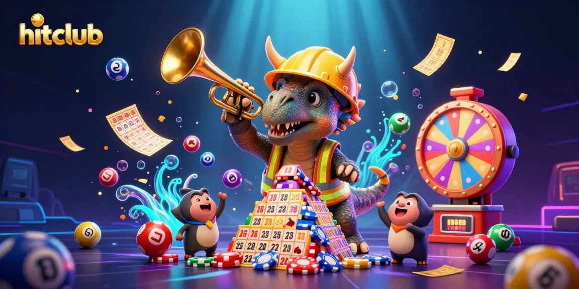 Hitclub showcases excitement with vibrant gaming elements, featuring a triceratops building poker chips.