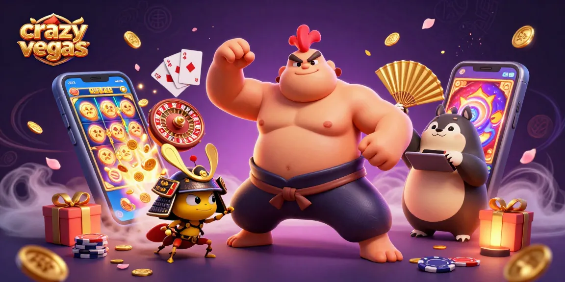 Crazyvegas showcases a dynamic scene with a powerful sumo rooster, samurai cricket, and tanuki announcer amidst vibrant casino elements.