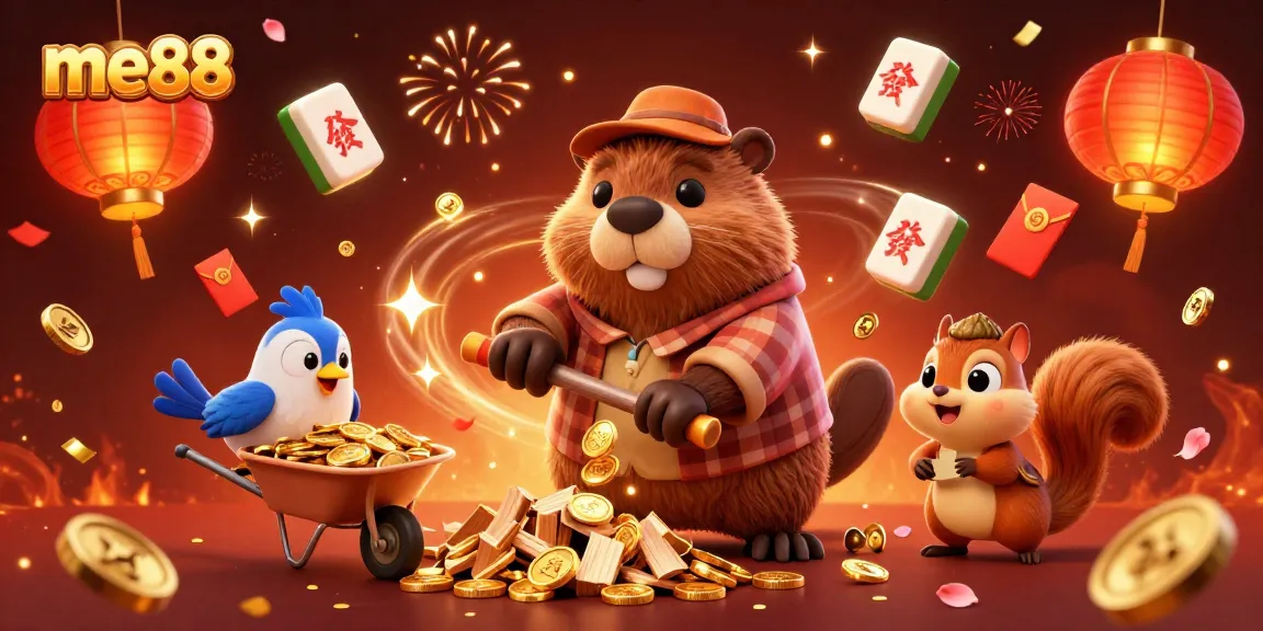 Win big with me88 as beaver, bird, and squirrel celebrate with gold coins in a vibrant casino scene.
