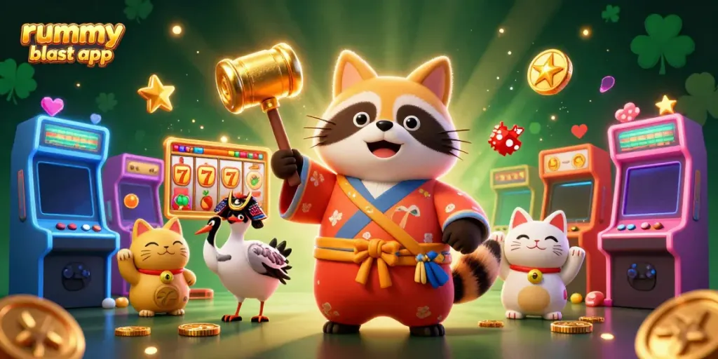 Play thrilling rummy games with the rummy blast app amidst colorful casino elements and cheerful characters.