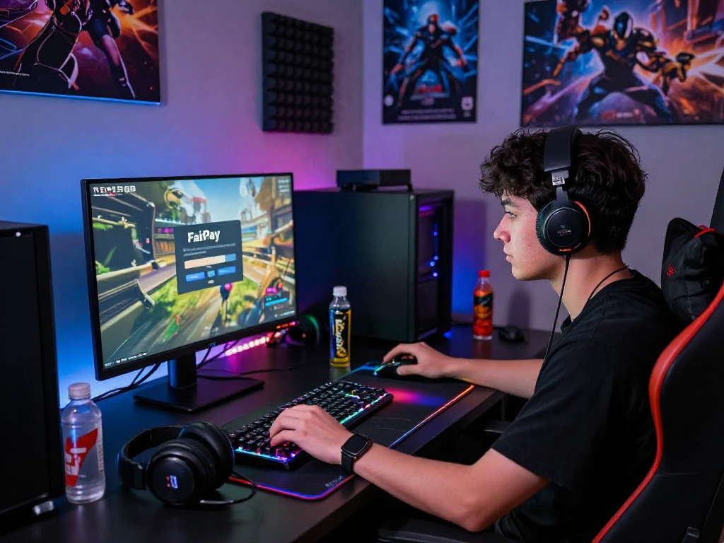 Immersed gamer engaged in FairPlay login on a high-performance PC setup, surrounded by gaming gear and vibrant RGB lights.