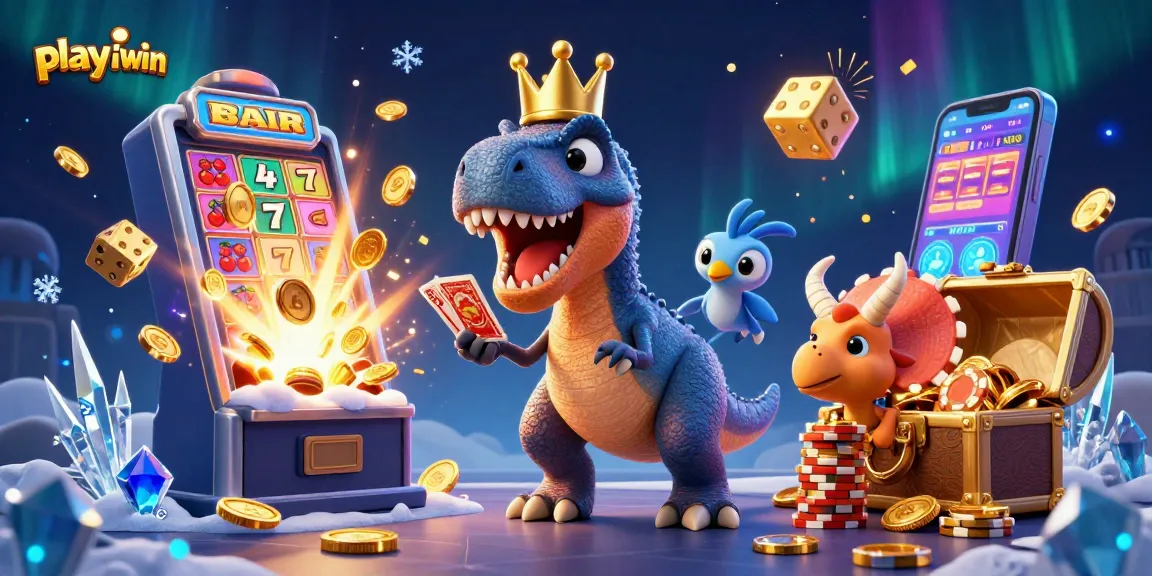 Play iwin with a lively 3D cartoon scene featuring a T-Rex and friends in a vibrant casino.