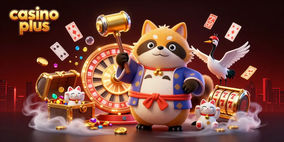Experience excitement at casino plus with a dynamic scene featuring games, fortune cats, and a cheerful tanuki.