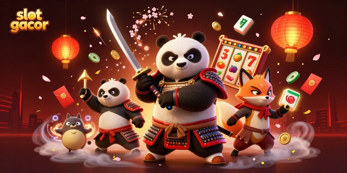 Visualisasi menegangkan slot gacor dengan panda samurai dan ninja rubah, dikelilingi elemen kasino.