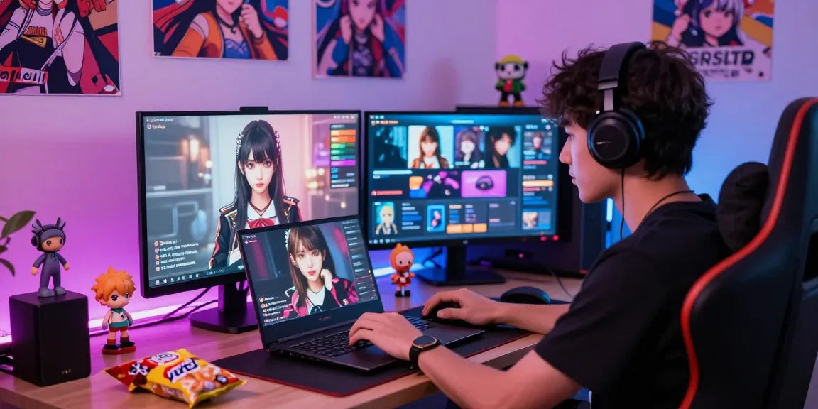 Engaging in a lively hentai chat experience on a gaming laptop surrounded by colorful anime decor.