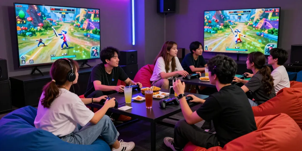 Diverse group enjoying a hit club gaming session with snacks and drinks in a vibrant lounge.