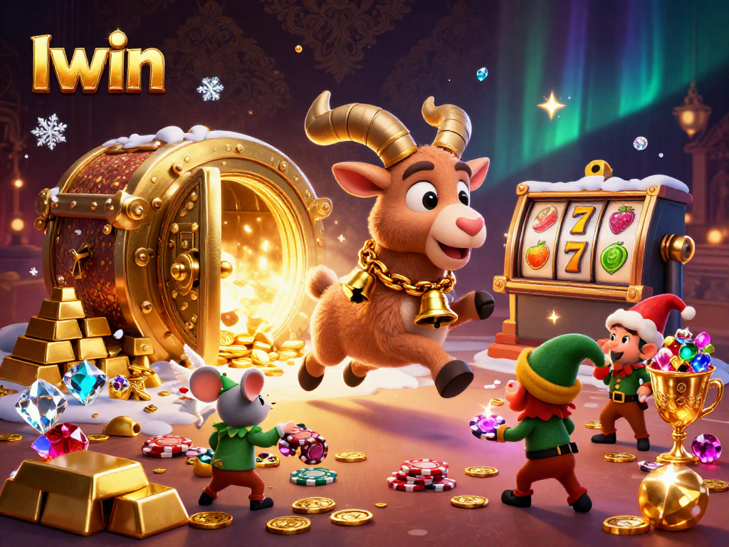 Iwin features a festive Krampus running a horror-themed casino with naughty gremlins stealing poker chips.