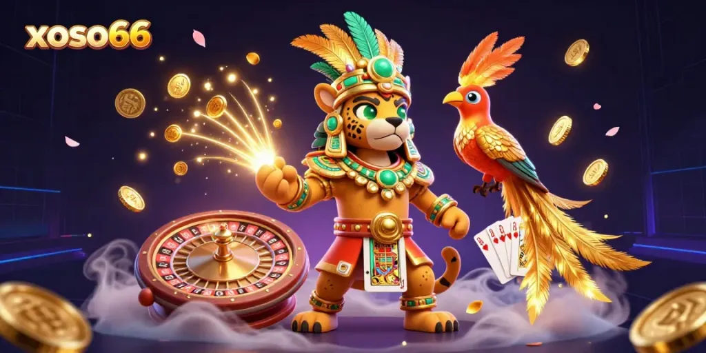 Experience the thrill of xoso66 with dynamic golden coins, a roulette wheel, and vibrant casino elements.