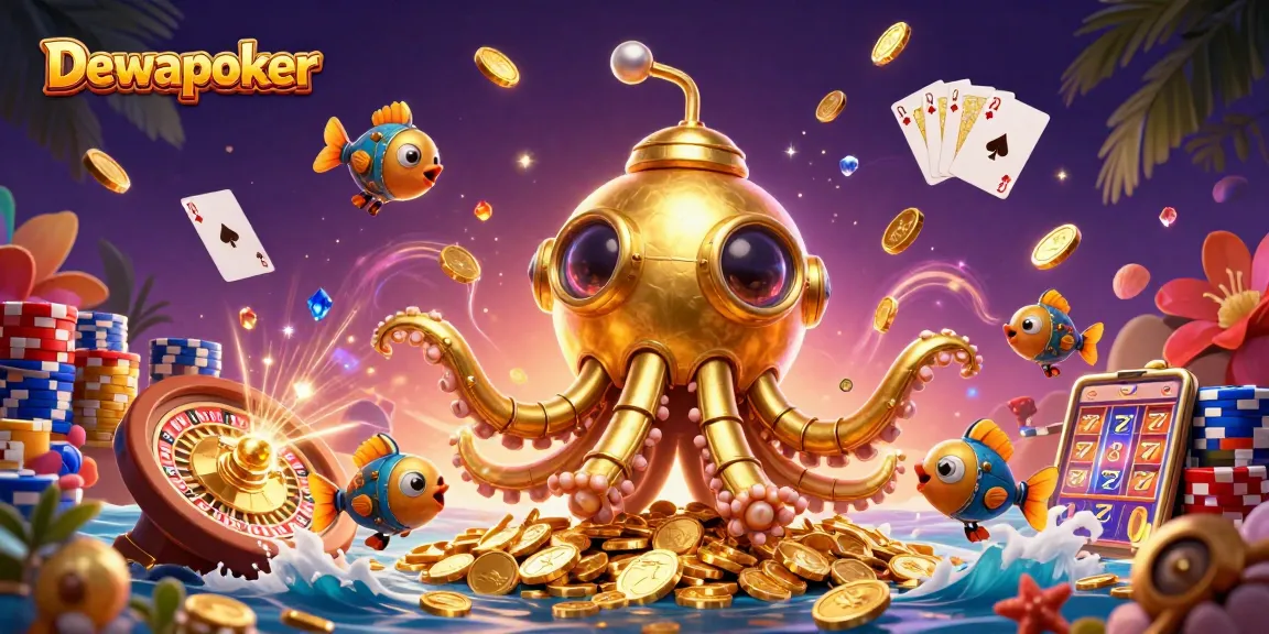Dewapoker showcases thrilling gameplay with vibrant casino elements and a golden kraken submarine.