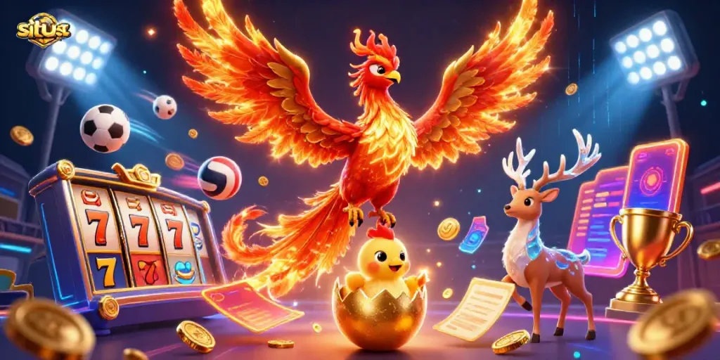 Gambarlah permainan situs slot dengan phoenix dan stag di latar belakang glamor.