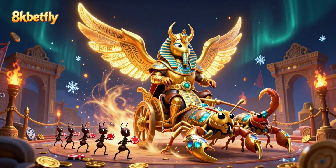 Engage with thrilling gambling action in 8xbetfly, featuring a colossal golden scarab beetle and vibrant casino elements.