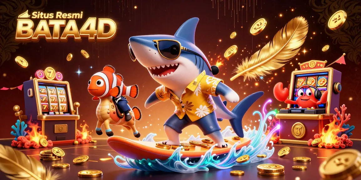Situs Resmi BATA4D ilustasi penuh warna dengan ikan hiu yang berselancar di atas koin emas dan elemen permainan kasino lainnya.