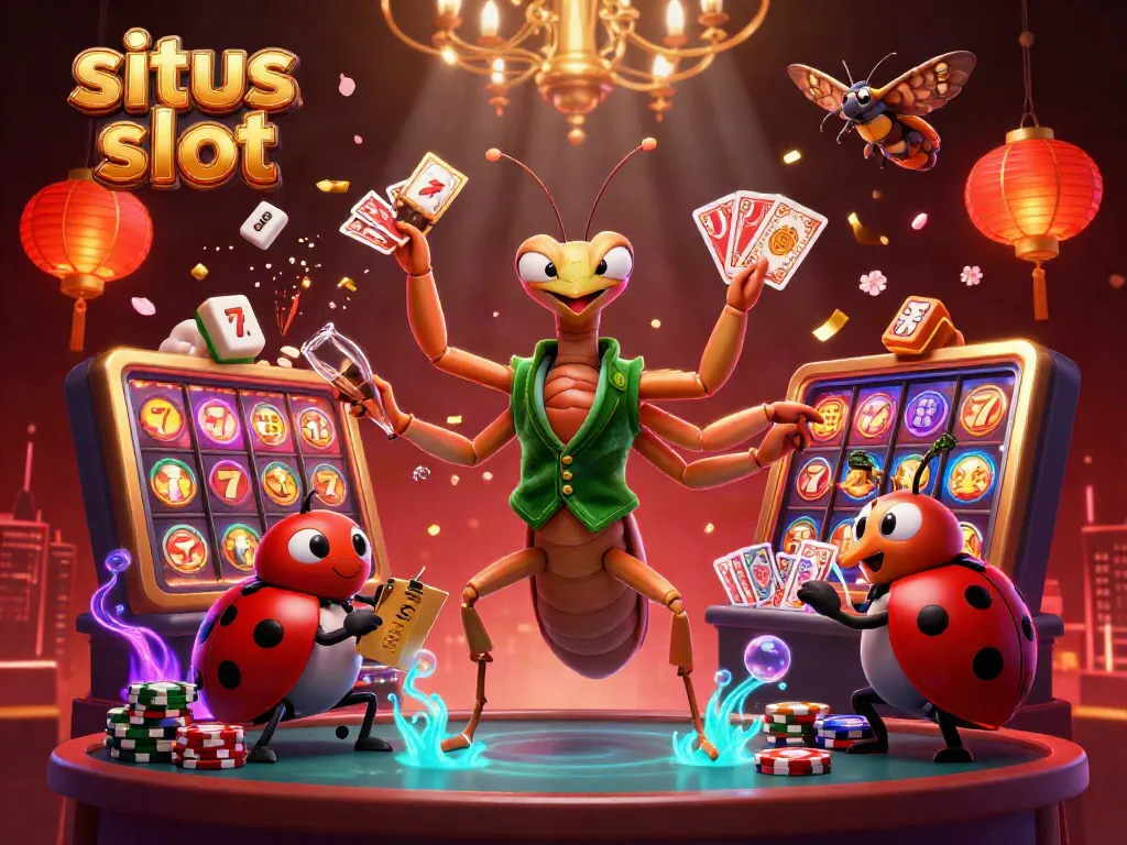 Engage with situs slot in a vibrant casino scene featuring unique cartoon characters and dynamic gaming elements.