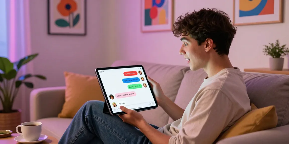 Engaging NSFW AI chat scene with user enjoying lively interactions on a tablet in a vibrant living room.
