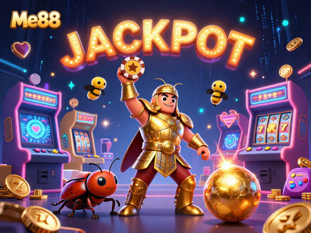 Join Me88's epic adventure with a beetle in victory pose as casino elements fly around!
