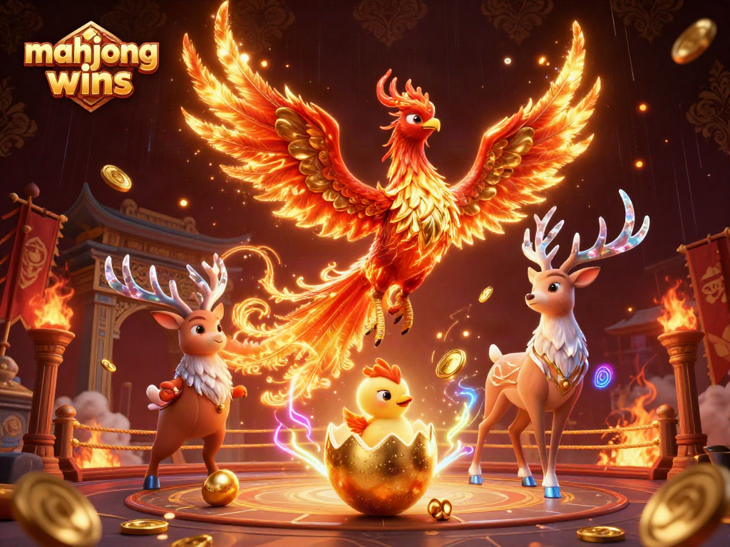 Experience thrilling mahjong wins with vibrant phoenixes and mystical ambiance in this exciting illustration.