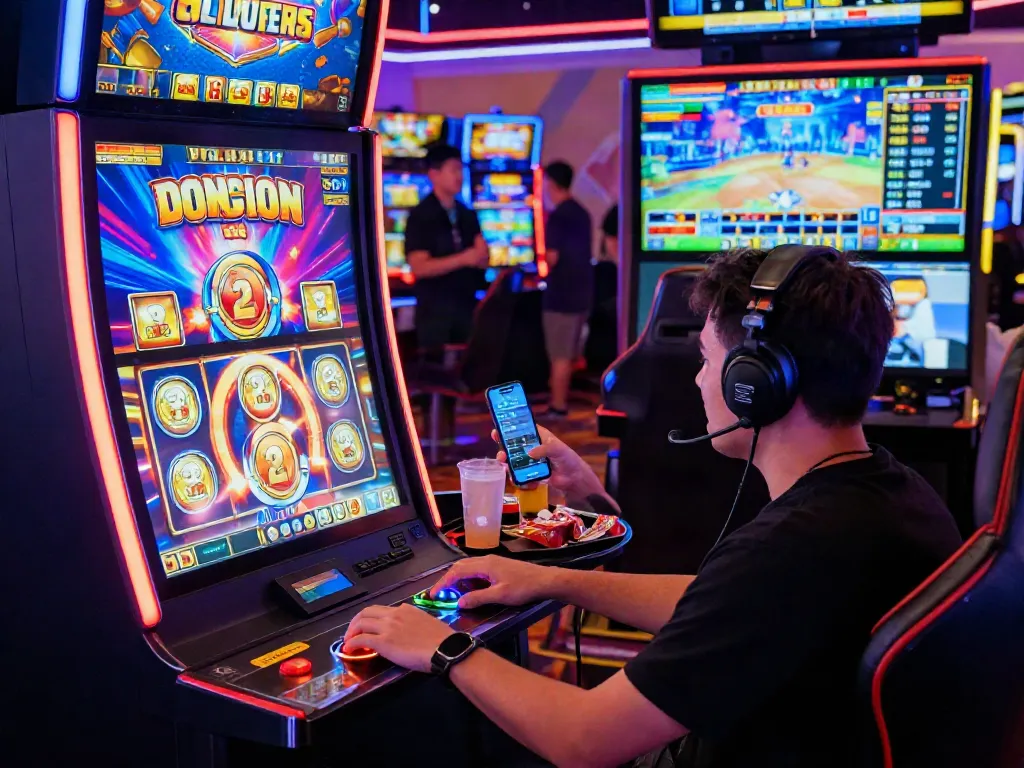 Player engaging with a colorful slot gacor machine in a vibrant online gaming scene, showcasing excitement and immersive visuals.