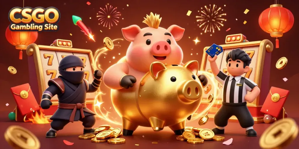 Play exciting games at CSGO Gambling Site with engaging characters surrounded by festive elements.