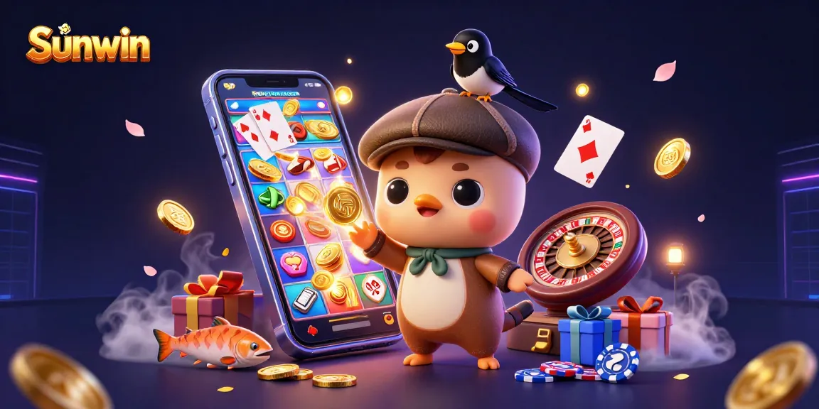 Sunwin promotes engaging gameplay through lively characters and vibrant game elements in this casino-themed illustration.