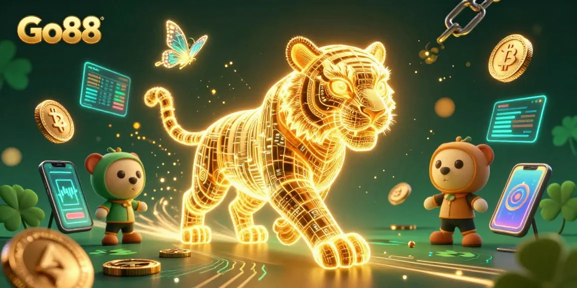 Experience the thrill of Go88 as you navigate a vibrant digital casino scene filled with energy and dazzling elements.