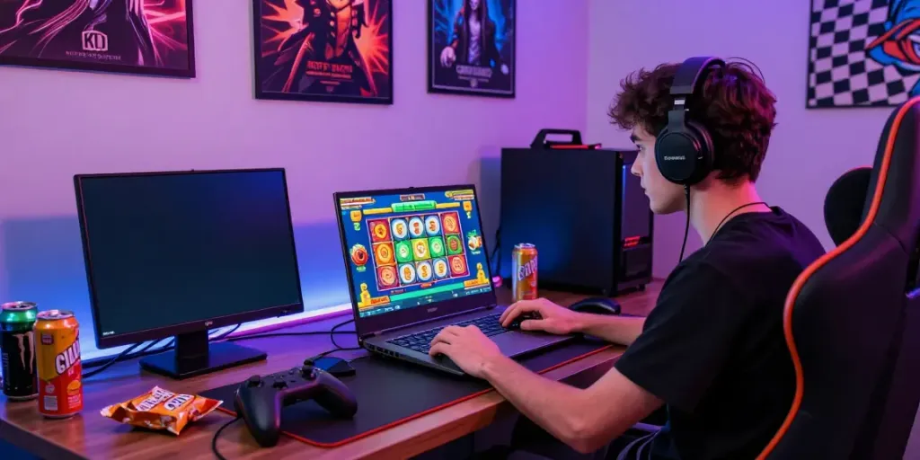 Pemain yang serius bermain slot Mahjong dengan laptop gaming dan aksesori di lingkungan yang penuh semangat.