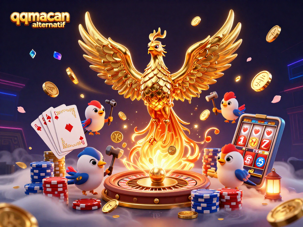 Experience exhilarating gameplay with qqmacan alternatif; golden phoenix with coins and vibrant casino elements.