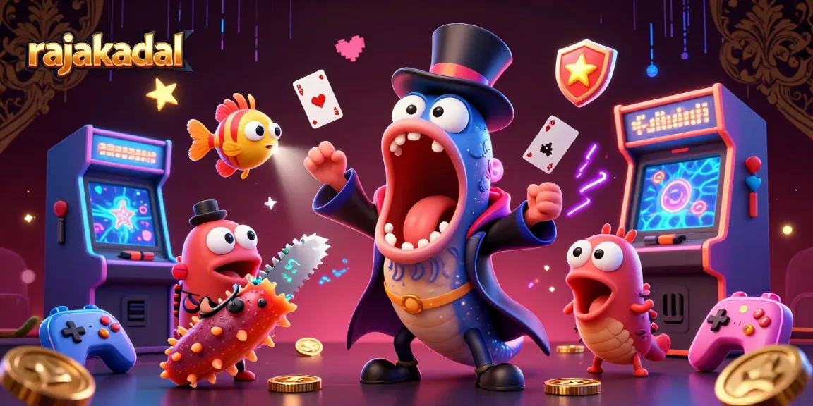 Rasakan keseruan rajakadal dengan mesin slot bercahaya dan karakter unik dalam ilustrasi kasino.