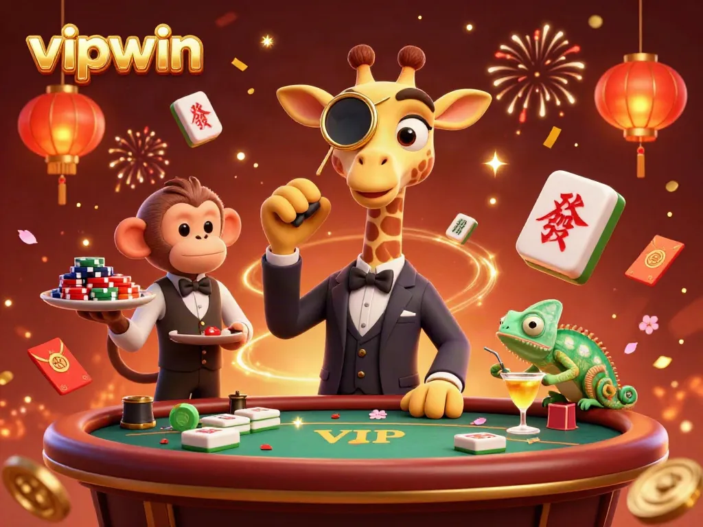 Experience the fun of vipwin with a festive casino scene featuring vibrant characters.