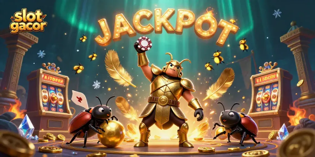 Experience the excitement of slot gacor with a dynamic 3D rendering of a hero beetle and jackpot celebration.