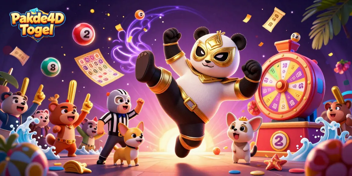 Engage with Pakde4D Togel as the 3D panda wrestler kicks amidst a vibrant lottery scene.