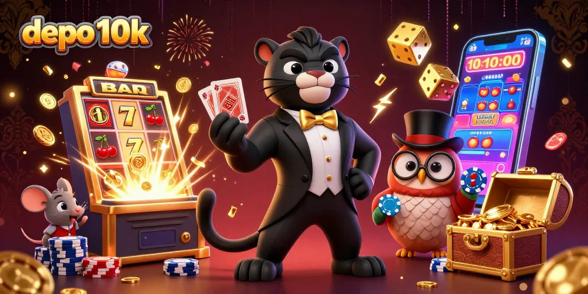 Experience the thrill of depo 10k gaming with a stylish illustration featuring character dealers and vibrant casino elements.