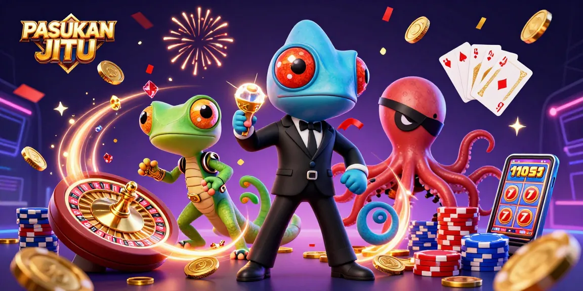 Experience exciting wins with PASUKAN JITU in this captivating casino-themed illustration showcasing vibrant gaming elements.