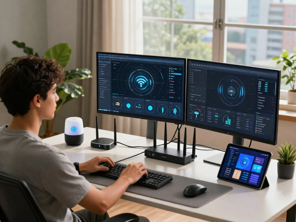 Pengaturan wifi4d di ruang kerja modern dengan teknologi mutakhir.