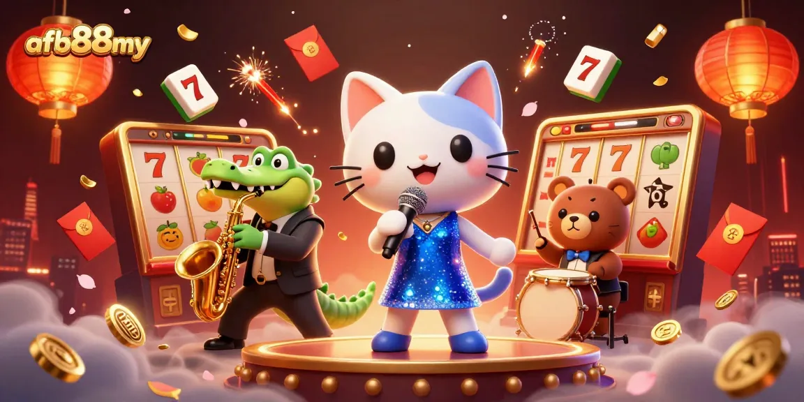 Engage in thrilling slots with afb88my featuring a jazz-singer cat and dynamic casino elements.